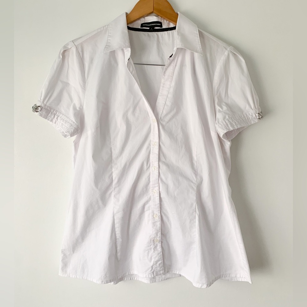 Women’s Blouse Button Down White Express Short Sleeve Business Casual Large Top